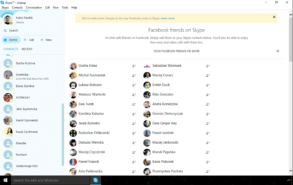 Screenshot of Skype software running on Windows 10.